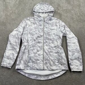 New Balance Women Lightweight Windbreaker Jacket-Med Gray & White Hooded Zip-Up
